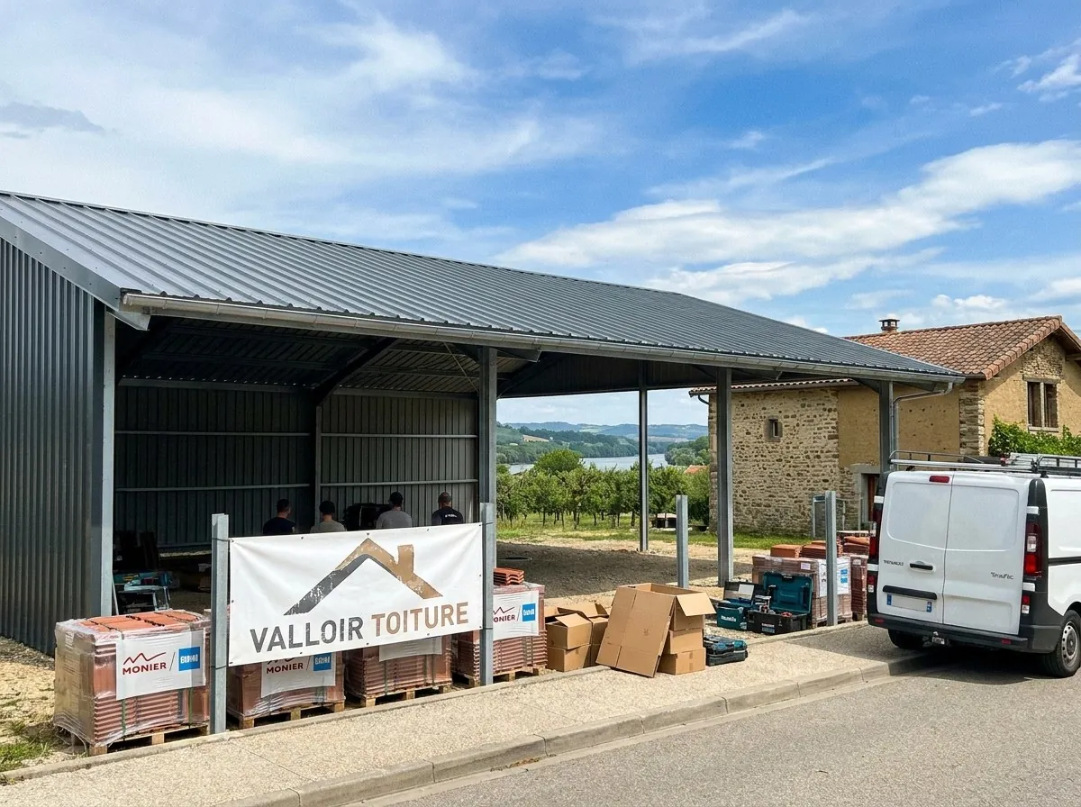 Hangar couvert en bac acier par Valloir Toiture, banderole au nom de l'entreprise, palettes de tuiles et camionnette, collines de la Valloire au fond